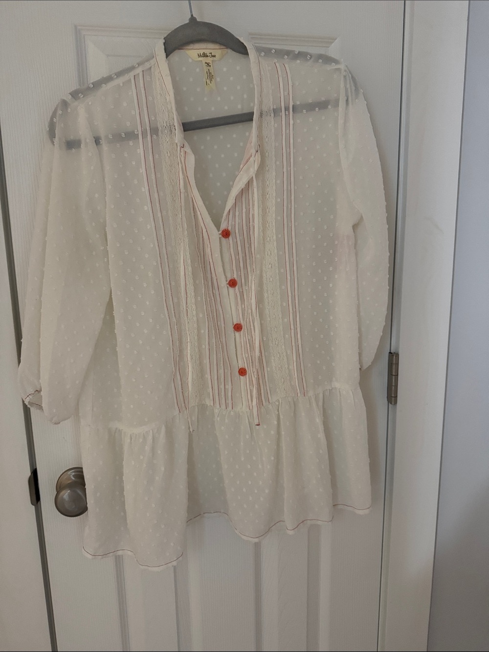 White Swiss Dot Peasant Blouse with Coral Buttons